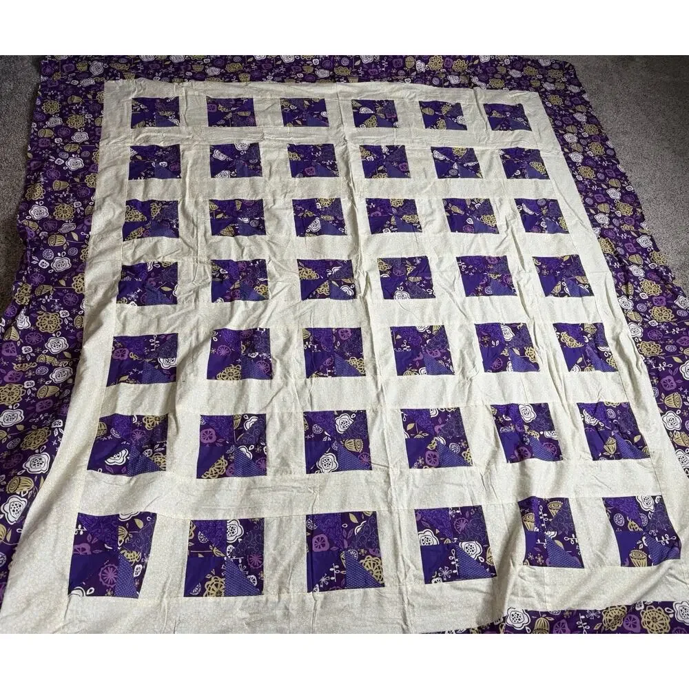 Quilt Top Topper Purple Yellow Patchwork Floral Square Blanket 80 X 71.5in